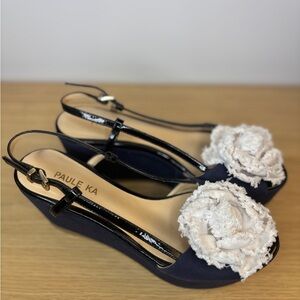 Paule Ka Women's Blue‎ Denim Look and White With Black Straps Wedge Sandals